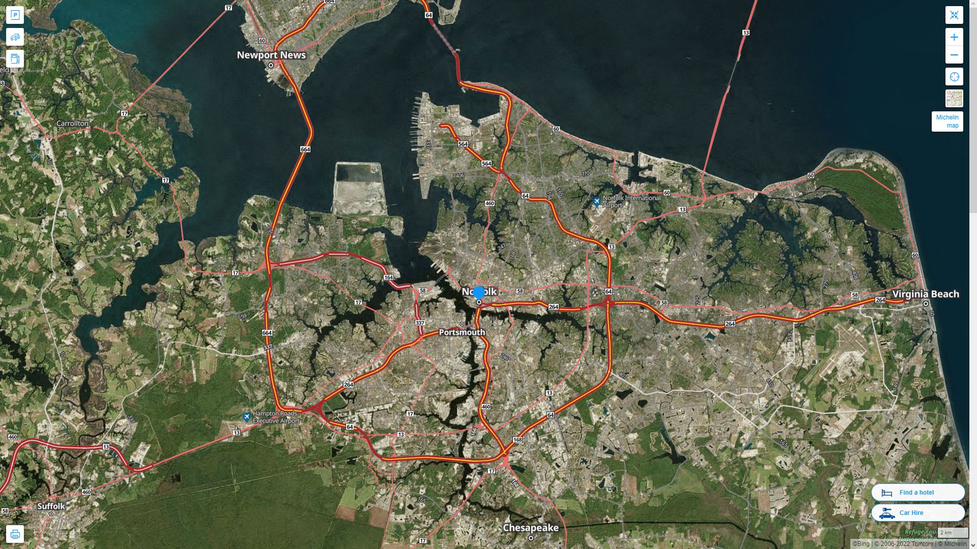 Norfolk Virginia Highway and Road Map with Satellite View